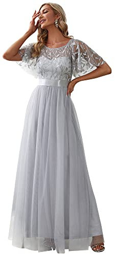 Ever-Pretty Women's Short Sleeve Embroidery Empire Waist A Line Floor Length Elegant Long Formal Evening Party Dresses Grey 6UK