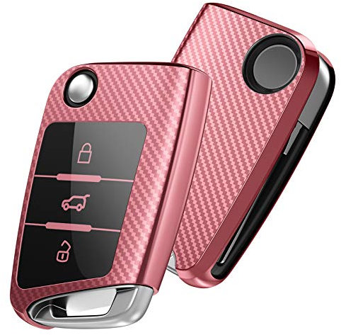OATSBASF Autoschlüssel Hülle VW, VW Golf 7 Schlüsselhülle, Schlüsselbox Cover für VW Polo, Skoda, Tiguan, MK7 3-Tasten (Roségold-Streifen)