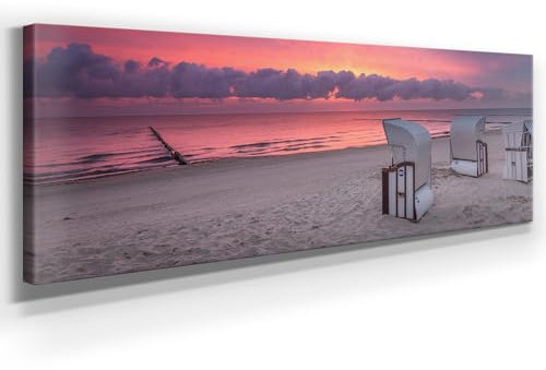 Atemberaubendes Ostsee Bild als Panorama Leinwand 150x50cm, Motiv Sonnenuntergang. Ein einzigartiges XXL Wandbild als Deko für Wohnzimmer, Schlafzimmer, Küche. Aufgespannt auf Holzrahmen