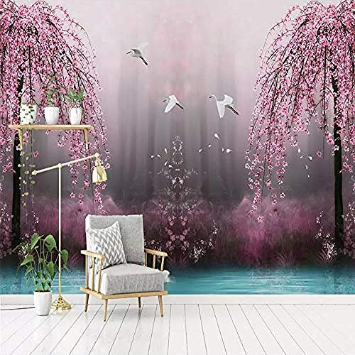 Wandbilder Tapete 3D Rosa Kirschblüte Schwanensee Landschaft Foto Tapeten Wohnzimmer TV Sofa Schlafzimmer Hintergru Wanddekoration fototapete 3D Tapete effekt Vlies wandbild Schlafzimmer-250cm×170cm