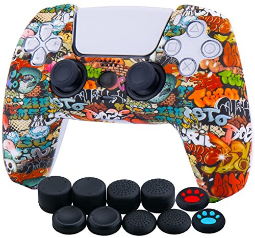 YoRHa Silicona Espesar Impresión Funda Piel Carcasas Cubierta Compatible de PS5 Mando x 1 (Graffiti De Calavera) con Agarres para el Pulgar x 10