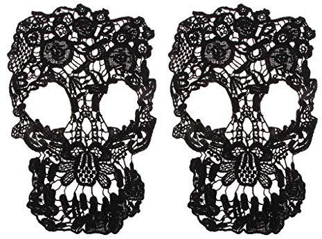 Inzopo 2 Stück schwarze Totenkopf-Spitzenbesatz Applikationen Punk Gothic Kragen Stoff Spitze Patches Ausschnitt Nähen DIY Verzierungen