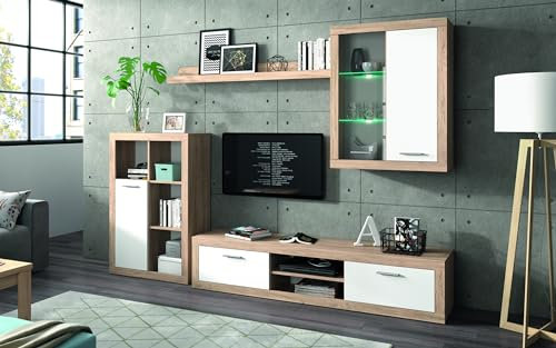 Homely - Mueble de Salón Modular Formentera | Conjunto 4 Muebles Completo | para Televisión | + Mueble Bajo + Mueble Alto + Estantería Alta | Color Roble y Blanco