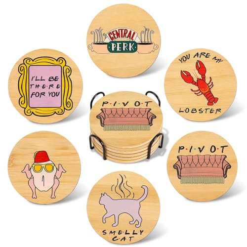 Friends TV Show Merchandise - 6 Sottobicchieri in Bambù + 1 Porta Sottobicchieri, Friends Sottobicchieri per Bevande, Friends Gadget, Regalo Friends Serie TV, Regali Housewarming