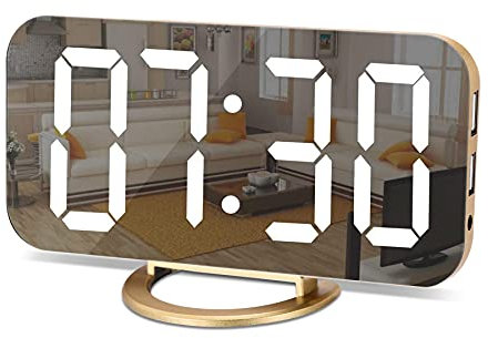 U-picks Spiegelwecker, digitaler Wecker, großes 6,5-LED-Display mit lichtempfindlichem Dimmmodus, einstellbare Helligkeit, 2 USB-Ladeanschlüsse, Schlummertaste für Schlafzimmer, Wohnzimmer, Heim