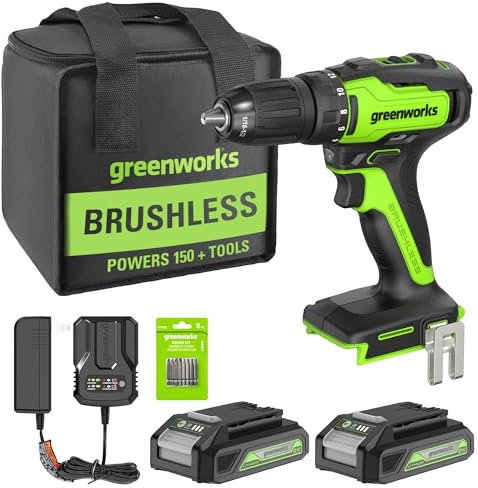 Greenworks 24V Brushless Cordless Drill Kit, 310 in./lbs, 18+1 Position Clutch, 1/2 '' Keyless Chuck, Variable Speed, (2) 2Ah Batteries with 2A Charger, LED Light, 8pcs Drill Bits with Tool Bag