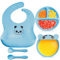 kidoo - Vajilla para Bebé de Silicona, 5 Piezas, Cuenco, Plato con Ventosa, Babero, Tenedor y Cuchara, Set de Alimentación Infantil Libre de BPA, Accesorio de Aprendizaje y Destete (Azul)