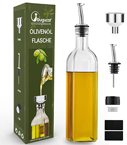 Bugucat Bouteille Huile Olive 1PCS,Distributeur d'huile d'olive en Verre, Bouteille Huile Olive et Vinaigre avec Bec Verseur Sans Goutte, Distributeur Bouteille Huile,pour BBQ Cuisine Salade,500ML
