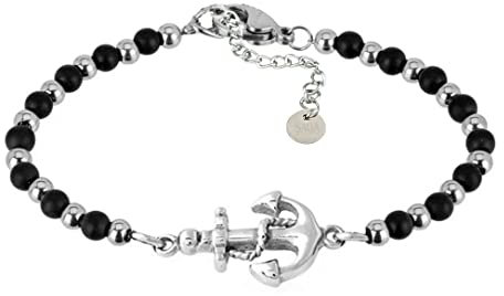 SAGA GIOIELLI® Bracciale Uomo Collezione Nautica, Sfere Acciaio e Onice, Black Onyx, Chiusura a Moschettone, Lunghezza 17,5-22 cm