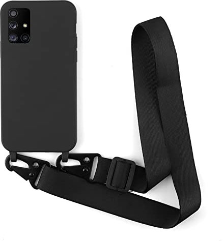 2NDSPRlNG Schutzhülle mit Halskette, kompatibel mit Samsung Galaxy A71 4G, Umhängeband aus Seil, Anhänger, Schutzhülle aus weichem Silikon, Schwarz