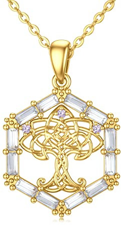 YDD Tree of Life Necklace 9ct Solid Gold Family Tree Necklace with Celtic Knot, Hexagon Pendant Mothers Day Gifts for Mum Girlfriend Wife Her 16+1+1 inch