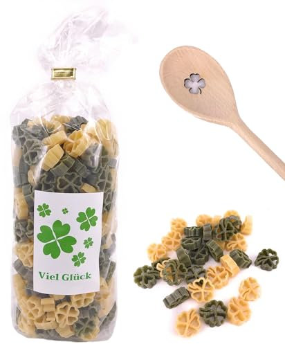 Balna Bunte Nudeln 1x 250g Motivnudeln Pasta Kleeblatt mit Kochlöffel Holz Holzkochlöffel Motiv - Viel Glück Geschenk Geschenkidee Geburtstag Hochzeit Glückskleenudeln