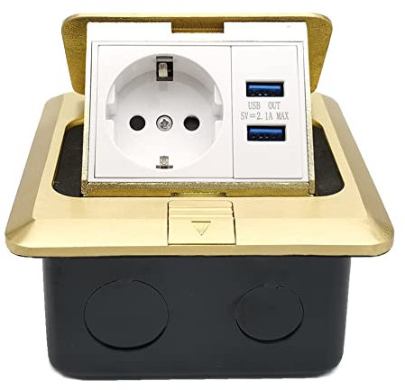 Prellen Prise de sol à 2 prises avec 2 ports USB, prise murale encastrable, prise de sol, table de travail, restaurant, cuisine, dorée