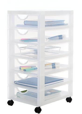 Iris Ohyama Kunststoff-Schubladenbox mit Rollen, 6 flachen Schubladen, Mattweiß, Griffe zum Ziehen, Für Schlafzimmer, Schule & Büro, BPA-frei, Schubladenschrank, Rollcontainer, A4 Drawer, DDDC-360