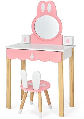 DREAMADE 2 in 1 Kinder Schminktisch mit abnehmbarem Spiegel & Hocker, Frisierkommode, Prinzessin Frisiertisch mit Schublade, Kosmetiktisch für Kinder Mädchen (Rosa Spiegel)