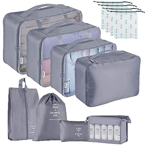 Jikekiroto Sac Organisateur de Voyage 12 Pièces Organisateur Valise Packing Cubes Pochette Rangement Valise Sacs Rangement pour Les Vêtements Chaussures et Cosmétiques (Gris)
