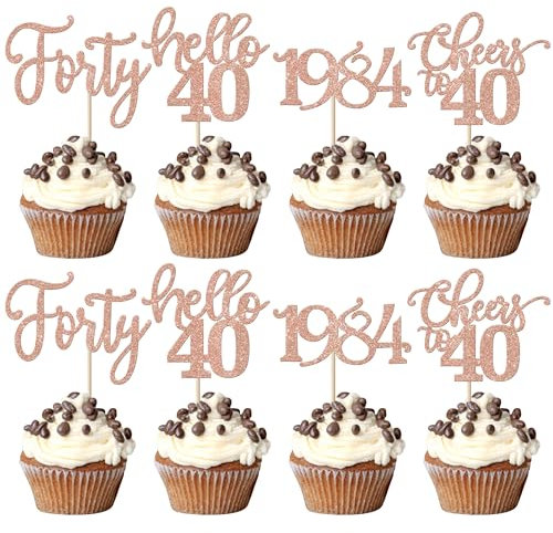 24 Stück 40 Geburtstag Cupcake Toppers Glitter Forty seit 1985 Prost auf 40 Cupcake Picks Hallo 40 Jahre Geburtstagskuchen Dekorationen für glückliche 40 Geburtstag Jubiläum Party Roségold