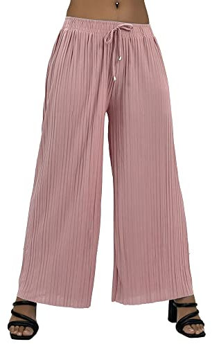 Damen Plissee Relaxed Wide Leg Smart Casual Palazzo Hose - Schwarz Khaki Mokka Weinblau Rosa Senf Marineblau Grau Nude - Small - X-Large, nude, S-M