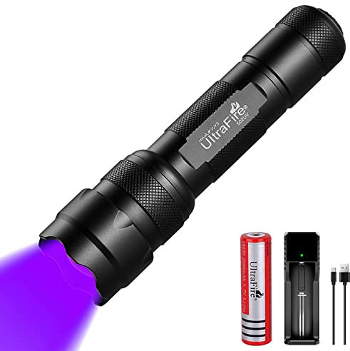 UltraFire UV LED Taschenlampe 395-405nm Schwarzlicht Zoomable Mini Ultraviolette Lampe, mit 2600mAh Wiederaufladbare Batterie und Ladegerät, für Urinflecken von Haustieren, Aushärtende Harze