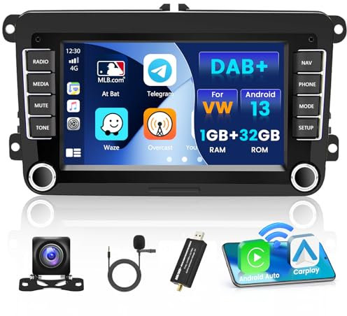 DAB/DAB+ Android 13 Autoradio mit Wireless Carplay Android Auto für VW Golf 5 6 Polo Passat Jetta Skoda Seat, 7 Zoll Bildschirm Touch Display Radio Bluetooth mit GPS/FM/RDS/WiFi Canbus Rückfahrkamera
