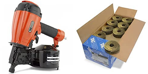 Tacwise FCN55V Mini Air Coil Nail Gun, Uses Flat & Conical Top Coil Nails, 25-57 mm, Orange/Black & 996 2.1/40mm Galvanised Ring Flat Top Coil Nails (14400 Pieces)