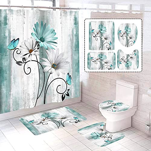 mumrug Lot de 4 rideaux de douche rustiques avec marguerites, fleurs et papillons, bleu turquoise sur bois pour salle de bain, grand tapis de bain avec 12 crochets, 177,8 x 177,8 cm