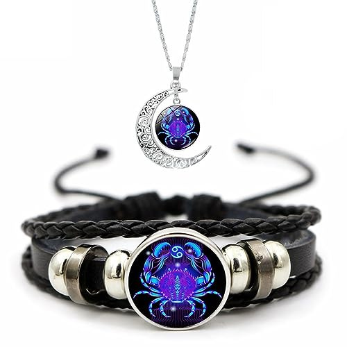 Overhil1s Zodiac Signs Spirit Bracelet, 12 Constellation Weave Leather Bracelet and Moon Pendant Necklace, Glow in the Dark Zodiac Bracelet for Men Women Girls Jewelry Gifts Set (Color : 4-Cancer)