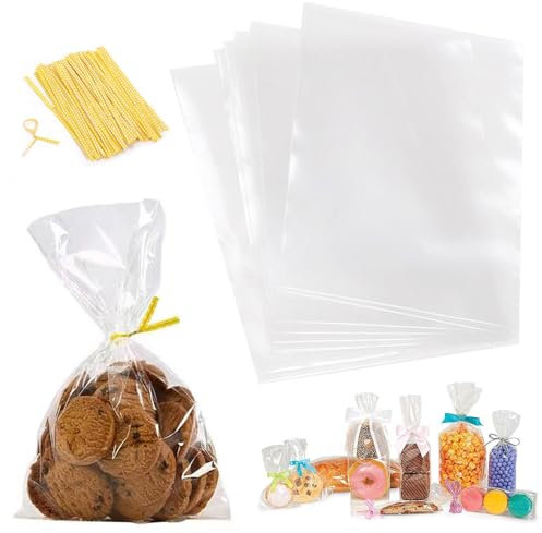 Bmeigo Clear Cellophane Bags 100pcs/6 x 10 inches - Food Grade Treat Bag with Twist Ties Flat Sweet Cookie Bags for Bakery Candy Packaging, Christmas Halloween Birthday Wedding Gifts Wrapping