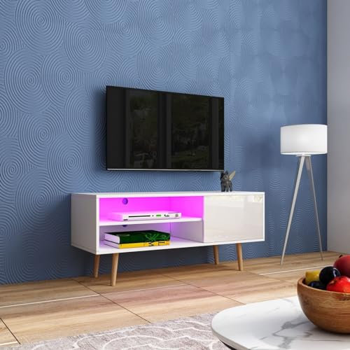 LED TV Unit with 1 Door 2 Open Shelves Modern Gloss Front TV Stand Unit for Living Room Cabinet Media Stand Furntiure RGB Light White 110cm