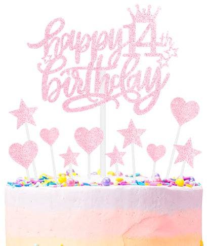 mciskin Happy 14th Birthday Cake Toppers - Pink Heart Stars for Cupcakes & Cakes - Personalised Birthday Gift for Girls