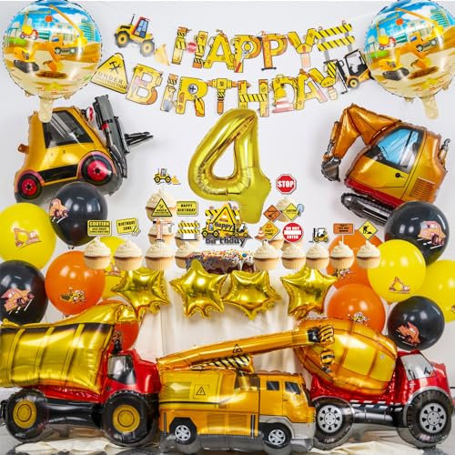 Gold Bagger Geburtstag Deko 4 Jahre, Folienballon Bagger xxl, Bagger Party Deko Kindergeburtstag 4 Jahre, Bagger Luftballons 4 Jahre mit Tortendeko und Banner (Geburtstagsdeko 4 Jahre Junge Bagger)