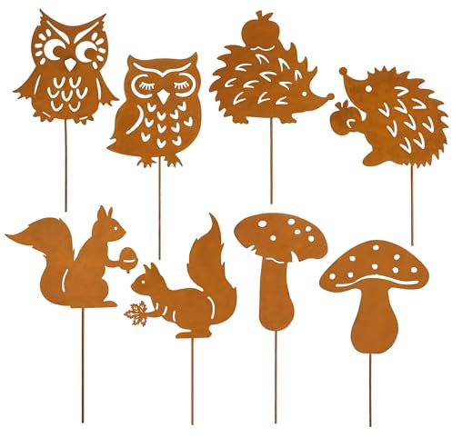 Valery Madelyn 8er Rost Gartenstecker für Herbstdeko Draußen,25cm Rostoptik Gartendeko mit Igel Eule Pilze,Beidseitig Roststecker Metall für Innen Blumentopf Terrasse,Geschenk Erntedank