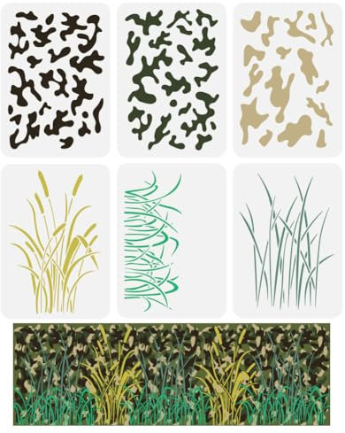 FINGERINSPIRE 6 Stück Camo Malschablone 29.7x21 cm 6 Stile Camouflage Zeichenvorlage Entenboot Camo Schilfgras Schablone Camo Themen Dekor Schablone Zum Malen Auf Holz Wänden Stoffen Und Möbeln