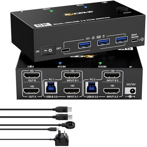 YOUTINGHDAV HDMI KVM Switch 2 Monitors 2 Computers 8K@60Hz, USB 3.0 KVM Switch Dual Monitor 4K@120Hz for 2 computer Share Mouse Keyboard, with 2 USB 3.0 Cable and Wired Remote