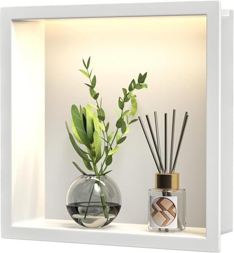 Bernkot Doccia in acciaio inox 300 mm X 300 mm bianco con luce guidata impermeabile senza piastrelle necessarie nicchia da parete per il bagno tramite installazione in montagna