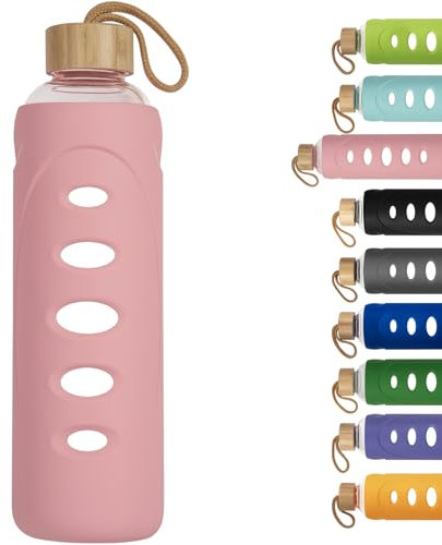 Ferexer Sport Glas Trinkflasche 1000ml / 1 Liter, Borosilikatglas Wasserflasche mit Silikonhülle und Einzigartigem Deckel