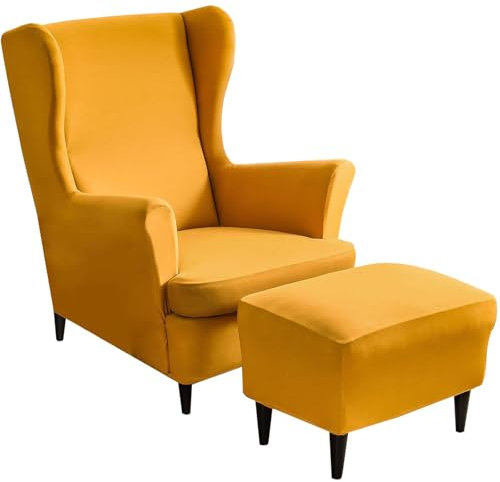 CLGTY Spandex 2 Teilig Ohrensessel Überzug Mit Hockerbezug, Ohrensesselbezüge Mit Ottomane Schonbezug Stretch Ohrensessel Schonbezuge Waschbar Für Wohnzimmer-gelb-3 Stück