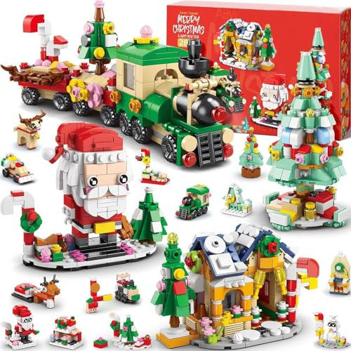 KAHEIGN Adventskalender 2024 Kinder, Adventskalender mit 1123 Teilen 6 in 1 Zug Weihnachtsmann Haus Baum Bausteine Spielzeug für Erwachsene, Geschenk für Mädchen Jungen (38 cm x 26 cm)