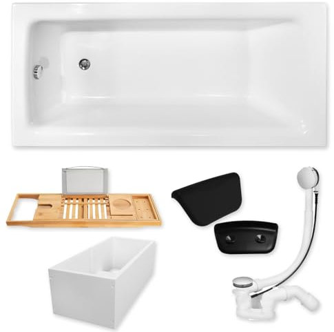 KOLMAN KOMPLETTSET 6in1 Acryl Weiß Wanne Badewanne Rechteck 120x70 cm TALIA Made in EU + Wannenträger + Bambus Ablage + Kopfstütze, Premium Ablaufgarnitur kompatibel mit VIEGA in Chrom & Wannenfüße