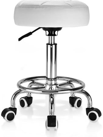 Rollhocker PU Leder Rund Gepolstert, Arbeitshocker Höhenverstellbar Rollen mit Fußstütze , 360° - Drehung Drehocker ，Tragfähigkeit 150kg für Spa Zeichnung Salon Arbeit Büro Tattoo Hocker. (Weiß)