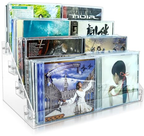 4Tier Clear Acrylic CD Holder Cascading CD Storage Rack,DVD/CD Display Rack & Vinyl Record Storage Stand Holds up to 32 Standard CD Cases for Media Shelf Storage and Organization (clear, Large size)