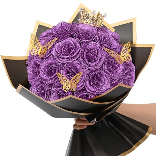 Waipfaru Ramo de rosas con purpurina, ramo de flores falsas lilas, ramo de rosas artificiales brillantes eternas para San Valentín, aniversario, compromiso, boda, 24 rosas