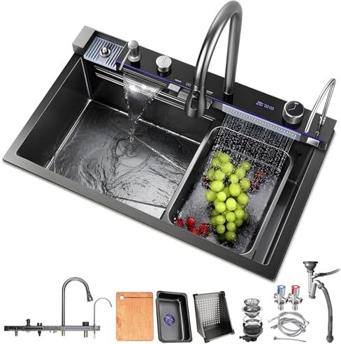 HZKSINNK Fregadero de cocina con dos cascadas, 1 cuenco, negro, multifuncional, de acero inoxidable, con nano revestimiento, con grifos extensibles, lavaplatos y cestas de drenaje y juego de desagüe