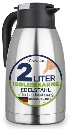 Gravidus Hochwertige Edelstahl Isolierkanne 2 Liter, doppelwandig, mit praktischer Einhandbedienung und Knopfverschluss, ideal für heiße und kalte Getränke
