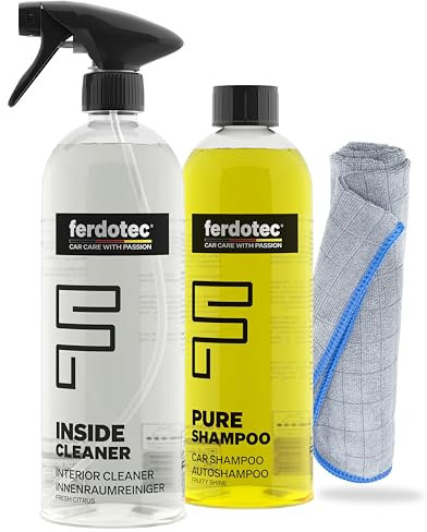 FERDOTEC Auto Reinigungsset - Innenraum Reiniger (750 ml) + Shampoo & Microfasertuch Grau für Kunststoff, Leder, Polster, Alcantara & Touchscreens Schonend zu Wachsen & Versiegelungen