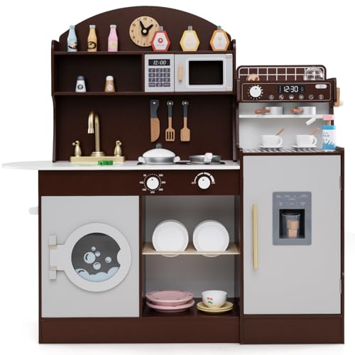 DREAMADE Kinderküche aus Holz mit Kaffeemaschine Eiswürfelmaschine Waschmaschine Mikrowelle, Kinder Küche Spielzeugküche, Spielküche mit 27 TLG. Zubehör für Kinder ab 3 (Braun)