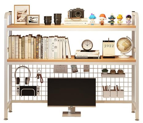NUODWELL 2 Tier Computer Desktop Bookcase, Metal Display Rack with Grid Panel 37.5 Inch Multipurpose Wood Desk Hutch Bookshelf for Computer Display Rack for Office Home Dorm (White)