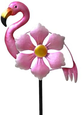 Dekofigur Flamingo mit Blume 79cm Metall - Wetterfester Outdoor Gartenstecker - Außendeko Metallstecker Tierfigur - Gartendeko Metallfigur Außenbereich - Rosa