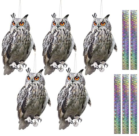 Repulsif Pigeon Effaroucheur Oiseaux, 5 Pièces Anti Pigeons Pour Balcon, Plat Faux Hibou Effaroucheur Oiseaux avec Bande Réfléchissante, Répulsif Oiseaux Exterieur, Eloigner Les Oiseaux Jardin