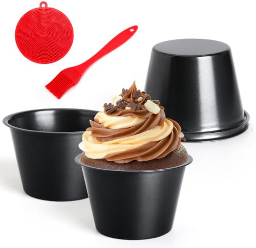Quyimy Carbon Steel Pudding Moulds, 4 Pack Dariole Moulds Muffin Tin, Individual Baking Cups Egg Tart Mould for Air Fryer Oven, Groves Mini Muffin Mince Pie Cupcake Cups w Oil & Dish Brush, 8.9x5.5cm